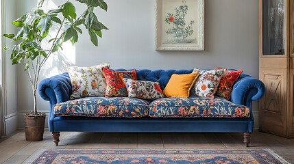 Blue Velvet Sofa Decorated With Colorful Floral Cushions