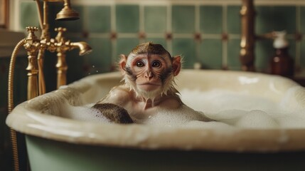 Obraz premium A baby monkey is sitting in a bathtub