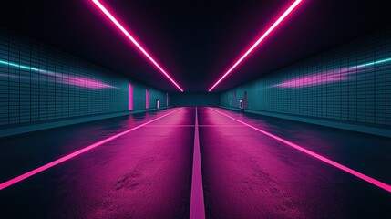Neon pink and blue lines illuminate a dark, empty futuristic tunnel.
