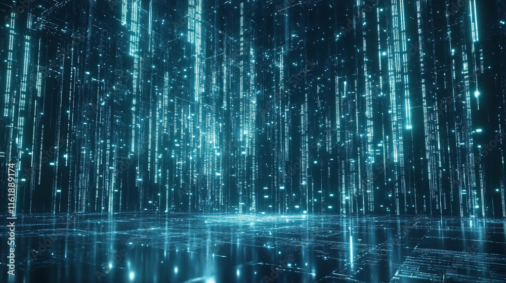 Wall mural abstract digital rain, colorful background blue binary code, code used in digital computers,
