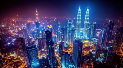 Fototapeta premium Night cityscape, vibrant skyscrapers, illuminated towers, urban skyline.