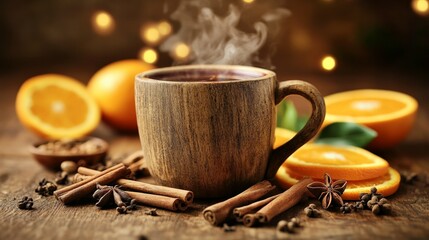 A wooden coffee cup with cinnamon sticks and orange slices on a table