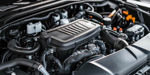 Fototapeta premium Close-up view of a modern car engine, showcasing its intricate components and clean design.