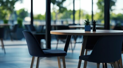 Modern cafe interior with empty tables and chairs near a large window overlooking a green park.