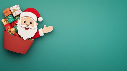 A cartoon of Santa Claus holding a red basket with presents