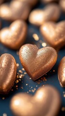 Rose gold hearts scattered on a dark blue background.