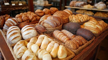 Fresh Bakery Display with Assorted Breads and Pastries