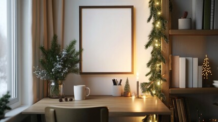 A desk with a white frame and a picture of a Christmas tree