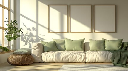 Sunlit living room with beige sofa, green pillows, plant, and three blank frames.