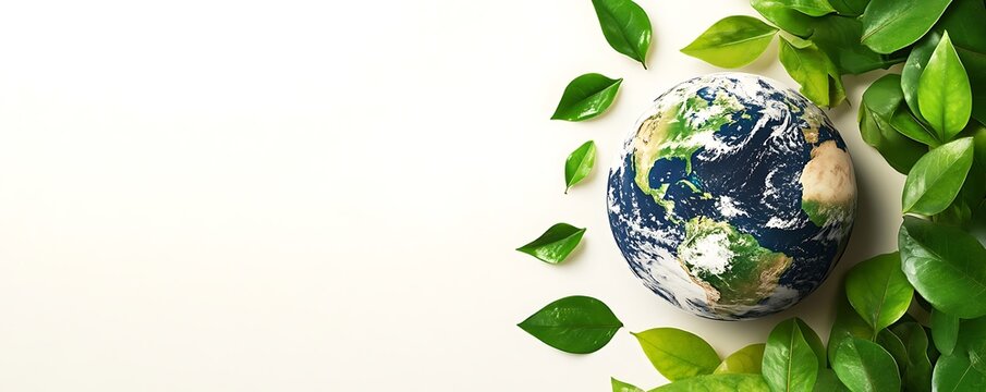 Earth's globe and leaves in green against a white background, earth day background