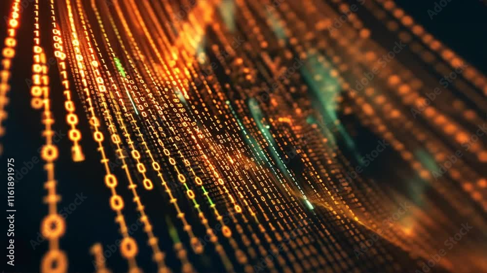Poster digital binary code streams an abstract flow of data in vibrant orange and green technology, showcas