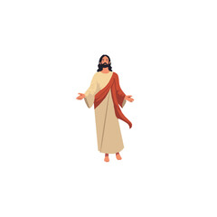 Vector illustration of Jesus Christ during Ascension, depicted with open arms in a welcoming pose. Clad in a beige robe and red sash, standing barefoot on a white background