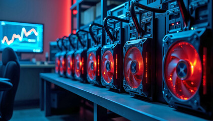 Cryptocurrency Mining Setup With Multiple High Performance Computers Featuring Bright Red Cooling Fans And Monitors Displaying Real Time Graphs And Data.