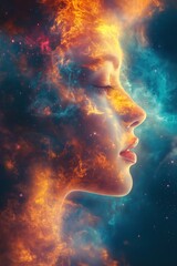 Visualization of Human Mind Conceptual Soul. Ethereal Double Exposure Portrait, Dreamy Bokeh, Person Face, Dream Avatar, Mental Health Concept Backdrop, State of Mind Concept Art