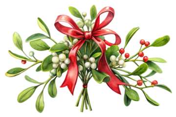 Watercolor mistletoe bouquet with green leaves, red berries, and red ribbon, isolated on white background