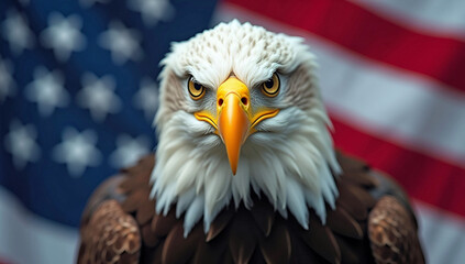 Intense Closeup Of Bald Eagle With Piercing Yellow Eyes And American Flag Background Representing Strength Freedom And Patriotism