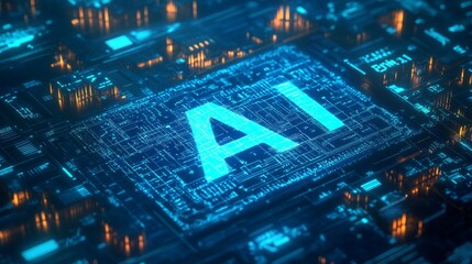 Fototapeta premium A blue and orange computer chip with the letters AI on it