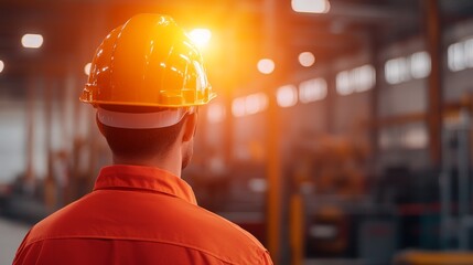 A worker in an orange uniform and safety helmet stands in a brightly lit industrial setting, emphasizing safety and professionalism.