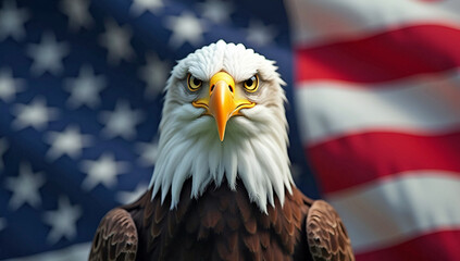 Obraz premium Majestic Bald Eagle Staring Intently With Striking Yellow Beak Against A Vibrant American Flag Symbolizing Freedom And National Pride