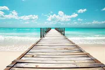 Obraz premium Wooden pier stretching to turquoise ocean with gentle waves, bright sky, fluffy clouds, sandy shore, tranquil seascape concept. Ai generative