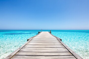 Fototapeta premium A wooden pier stretches over a transparent turquoise sea on a sunny day with a clear blue sky. The serene landscape evokes feelings of tranquility. Ai generative