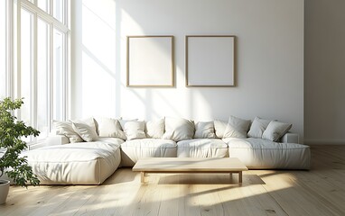 Sunlit minimalist living room with large sectional sofa, coffee table, and two blank frames.