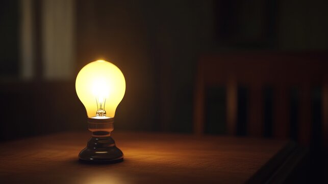 A light bulb is lit up on a table
