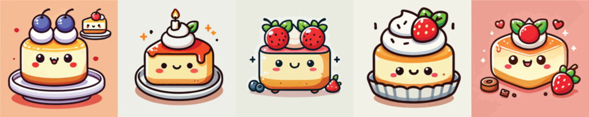 Collection of cute animated fruit cake vectors