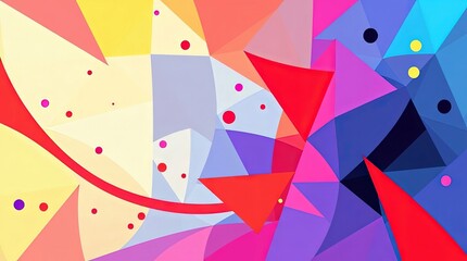 A vibrant and energetic abstract composition in a modern flat design style Use bright colors, simple two dimensional shapes, polygons and tessellations, and negative space
