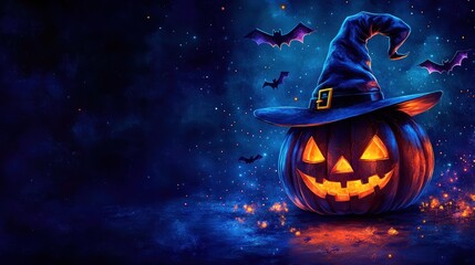 Fototapeta premium A spooky Halloween scene featuring a carved pumpkin with a witch's hat and bats.
