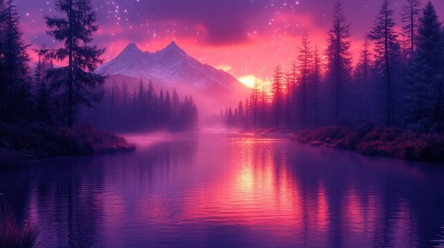 Magical sunset over snowy mountains reflected in a calm river.