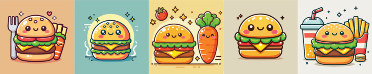 Collection of cute burger animation vectors