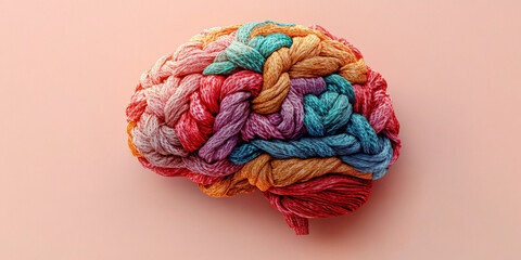 A vibrant, intricately woven brain sculpture emphasizing neurodiversity, perfect for mental health awareness campaigns, art projects, or educational materials.