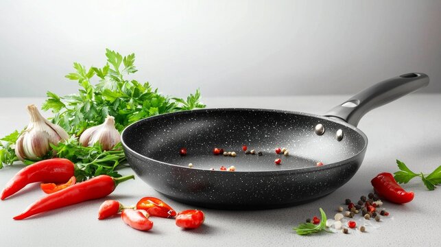 A black pan with a handle sits on a counter with a bunch of red peppers