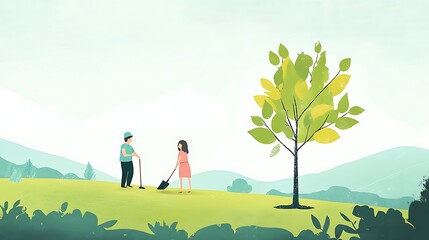 Two people planting trees in the park, earth day environment day concept
