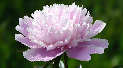 of a soft pink peony with delicate layers of petals, showing droplets of water from an early morning rain. 