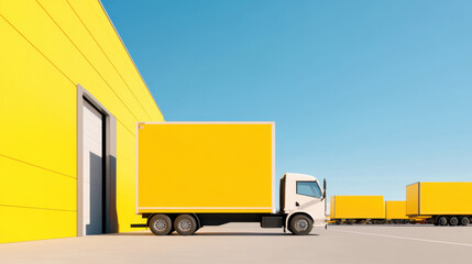 Instant noodle factory, A photorealistic image of shipping trucks lined up, showcasing logistics and transportation in a detailed and realistic style.