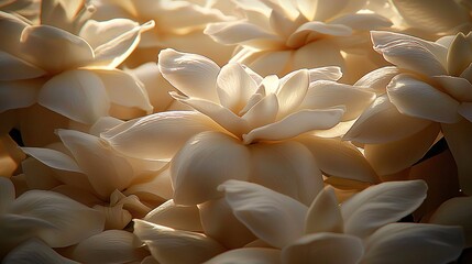 photograph of a group of white gardenias with intricate petals and soft natural lighting illuminating the delicate details. 