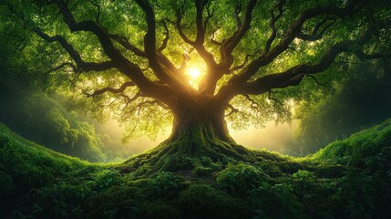 Fototapeta premium Majestic ancient tree with sun rays.