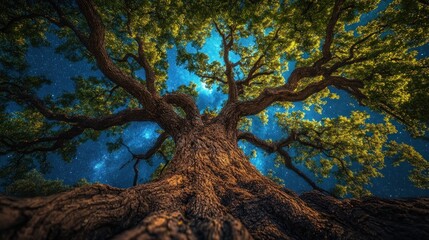 Majestic oak tree at night, viewed from below, showcasing its vast branches against a starry sky.