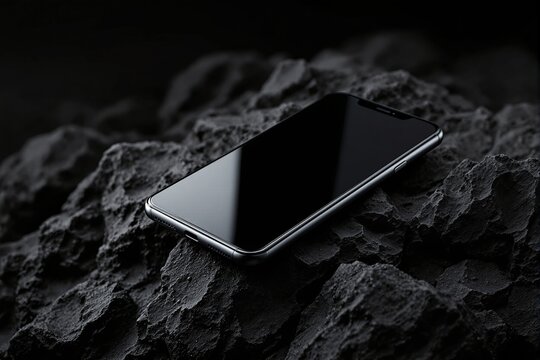 Modern smartphone with reflective screen placed on rugged, dark textured rocky surface, illuminated subtly. Concept of technology and elegance. Ai generative - Powered by Adobe