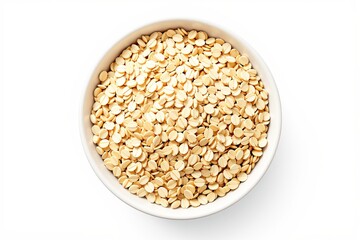 Fototapeta premium Bowl filled with yellow lentils, photographed from above, on a white background. Concept of healthy food, nutrition, and legumes. Ai generative