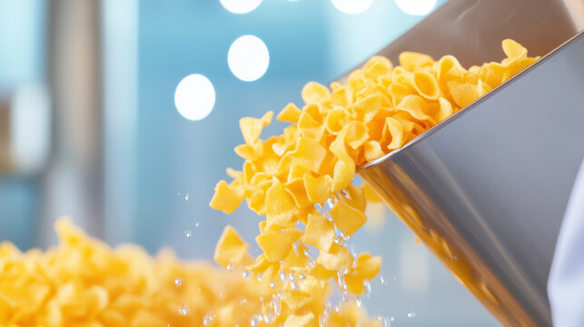 Instant noodle factory, An industrial machine is frying noodles in hot oil, showcasing the cooking process in a vibrant, dynamic kitchen setting.