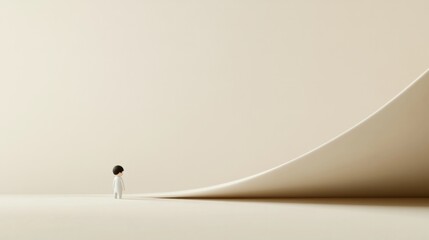 A small child is standing in front of a large white wall