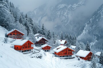 A mountain village with cozy chalets and snow-covered roofs