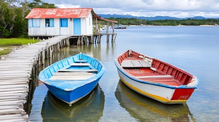 Colorful Boats Moored at Rustic Waterfront House