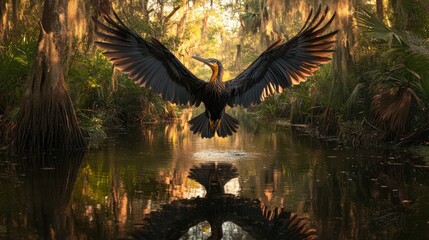 Fototapeta premium Anhinga bird landing on water in swamp at sunset, wings spread wide, reflection visible.