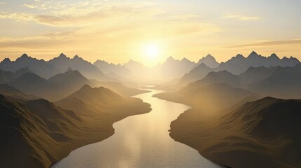 Naklejka premium Serene sunset over a winding river in a mountainous valley.