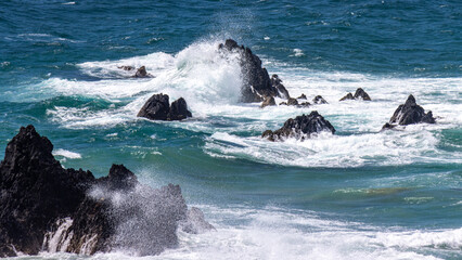 wild sea waves crashing on rocks