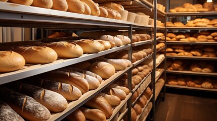 Efficient commercial bakery featuring a clean and organized workspace producing a variety of pre packaged breads pastries and other baked goods